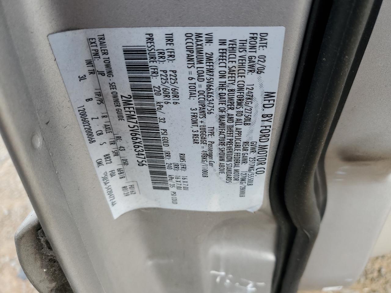 2006 Mercury Grand Marquis Ls VIN: 2MEFM75V66X634756 Lot: 92277515