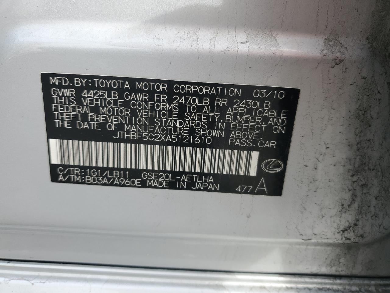 2010 Lexus Is 250 VIN: JTHBF5C2XA5121610 Lot: 92686965