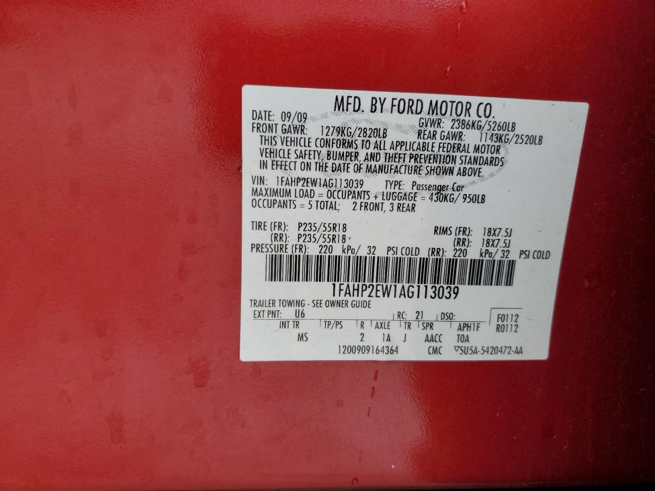 2010 Ford Taurus Sel VIN: 1FAHP2EW1AG113039 Lot: 90881505