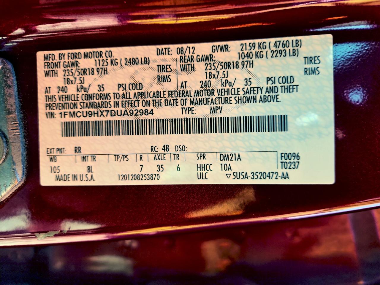 2013 Ford Escape Sel VIN: 1FMCU9HX7DUA92984 Lot: 92803505