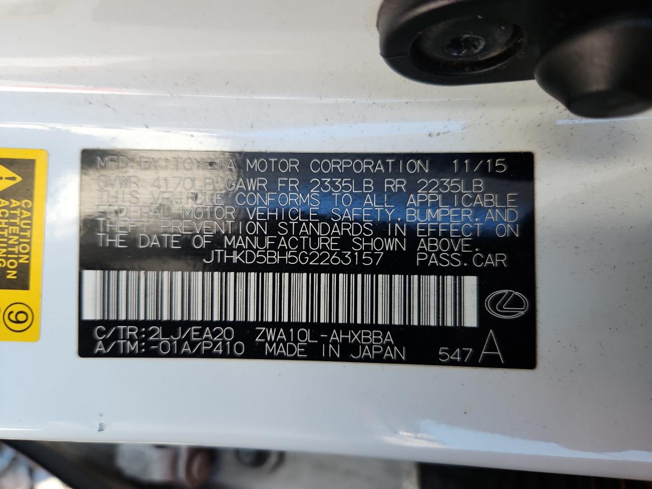 2016 Lexus Ct 200 VIN: JTHKD5BH5G2263157 Lot: 90077705