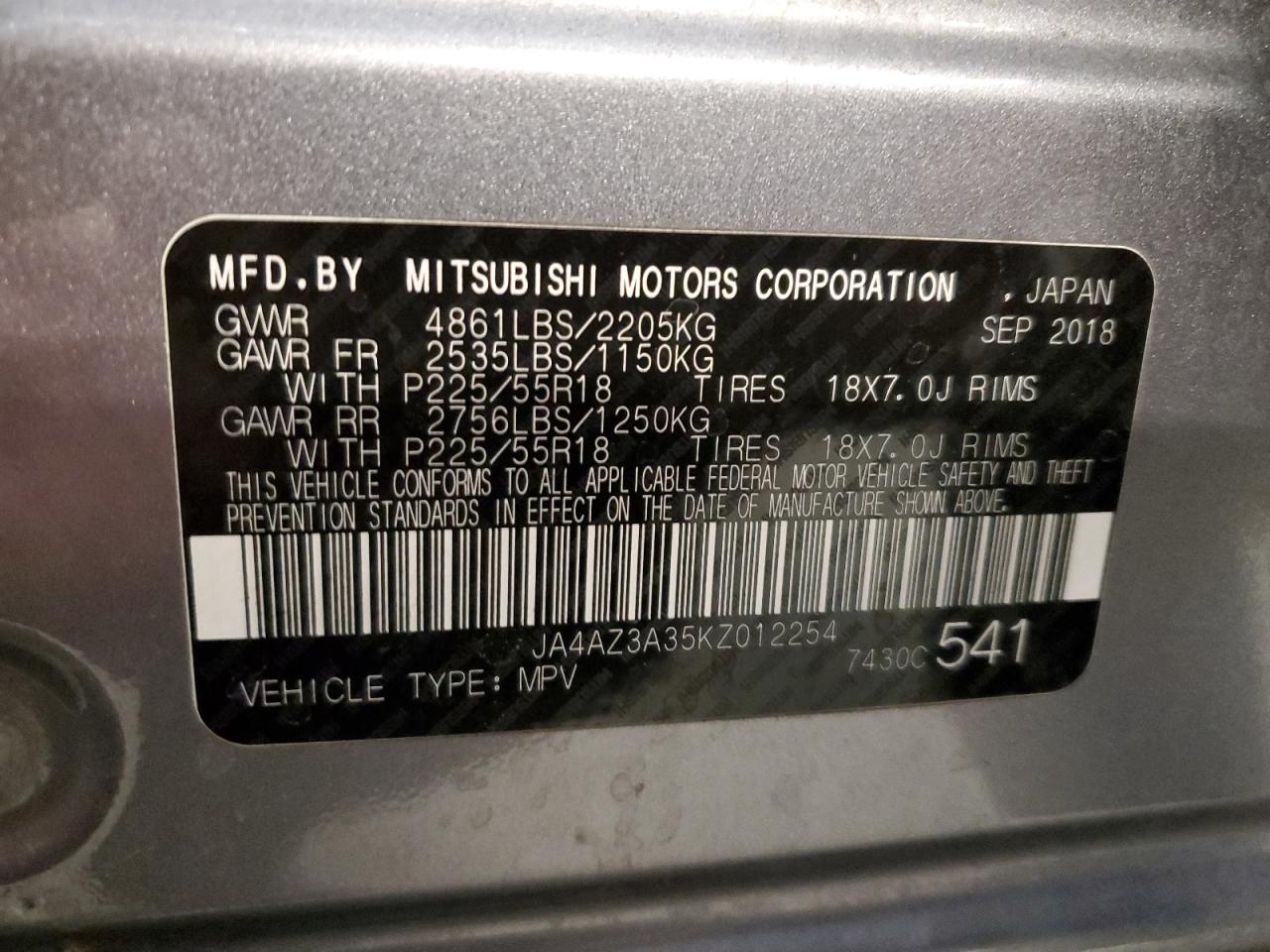 2019 Mitsubishi Outlander Se VIN: JA4AZ3A35KZ012254 Lot: 92076535