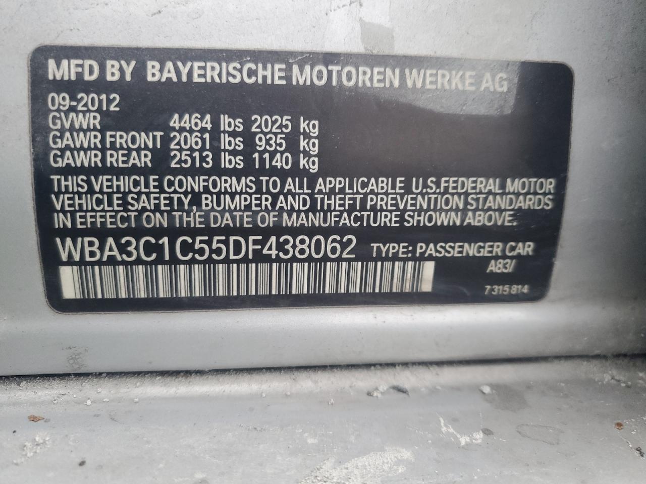 2013 BMW 328 I Sulev VIN: WBA3C1C55DF438062 Lot: 93381745