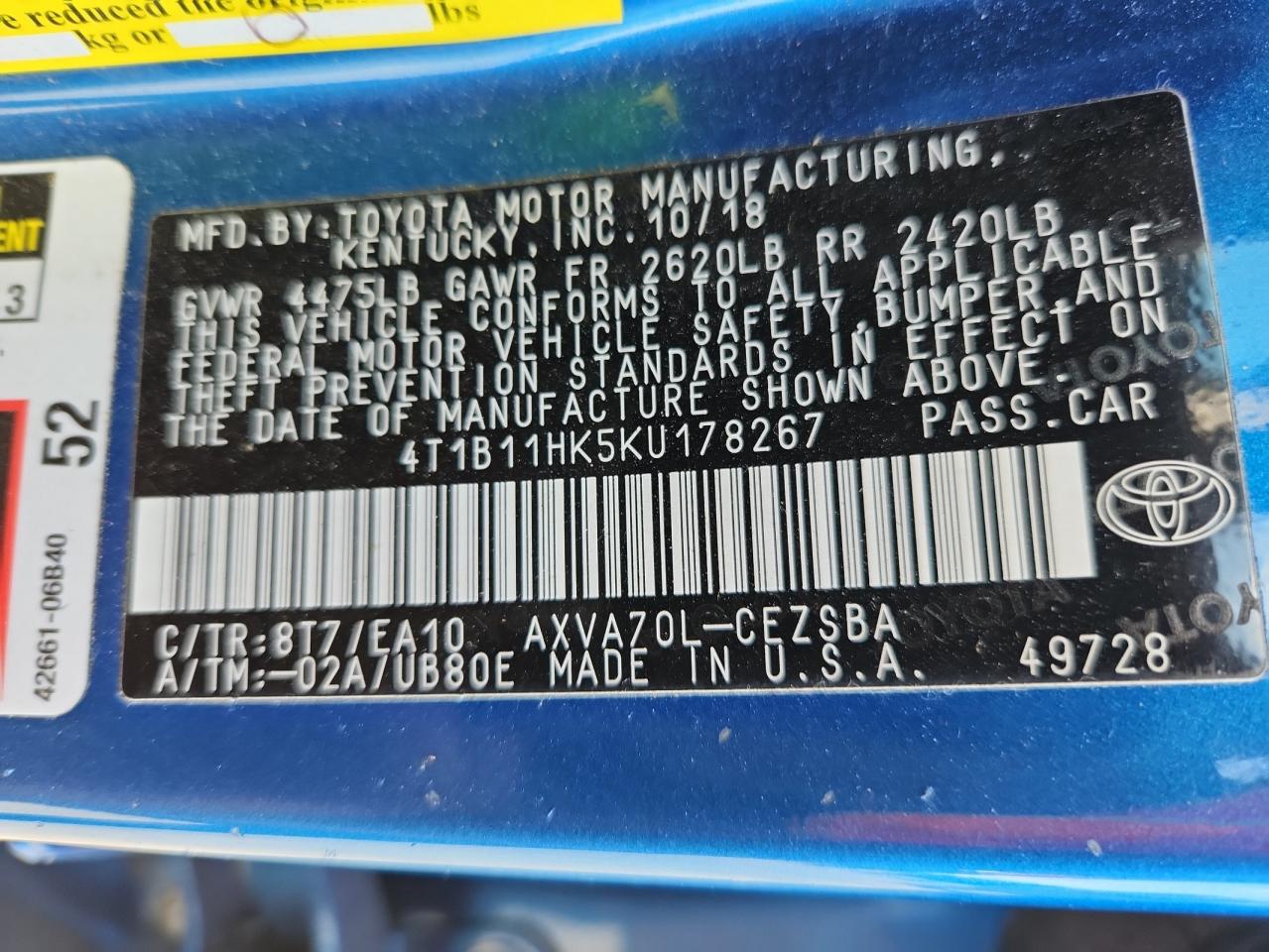 2019 Toyota Camry L VIN: 4T1B11HK5KU178267 Lot: 92912955