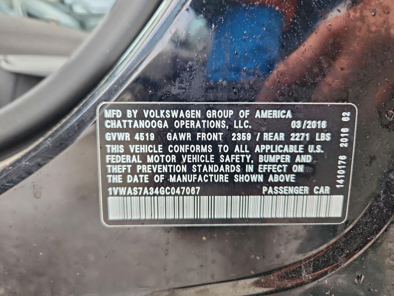 2016 Volkswagen Passat S VIN: 1VWAS7A34GC047067 Lot: 93850615