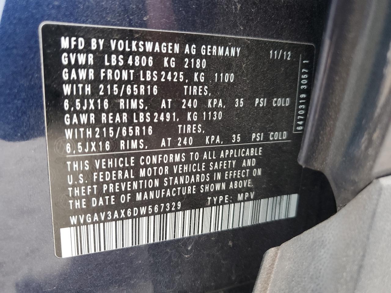 2013 Volkswagen Tiguan S VIN: WVGAV3AX6DW567329 Lot: 93367655