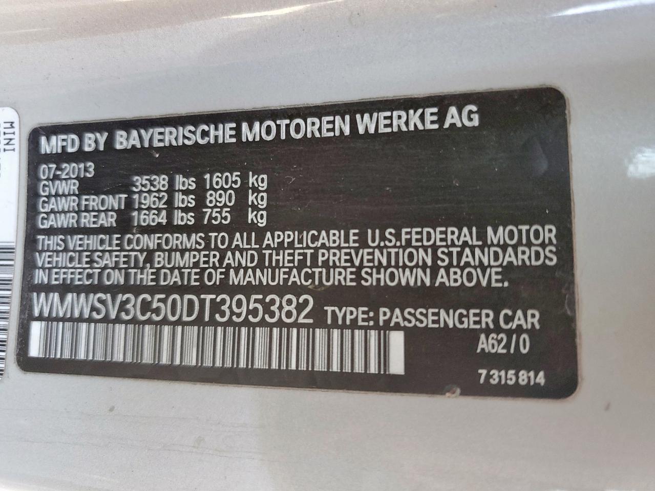 2013 Mini Cooper S VIN: WMWSV3C50DT395382 Lot: 92669945
