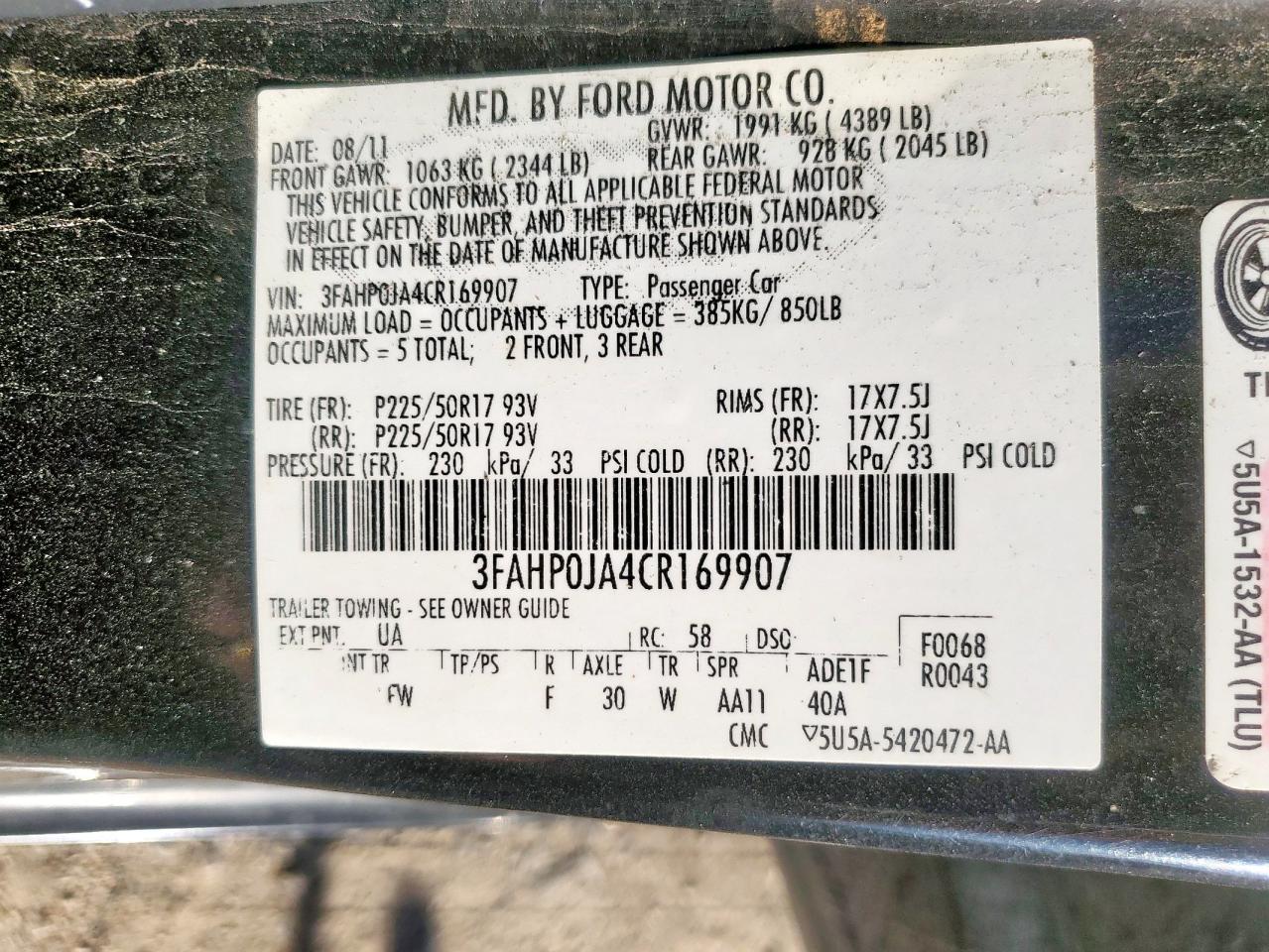 2012 Ford Fusion Sel VIN: 3FAHP0JA4CR169907 Lot: 90746145