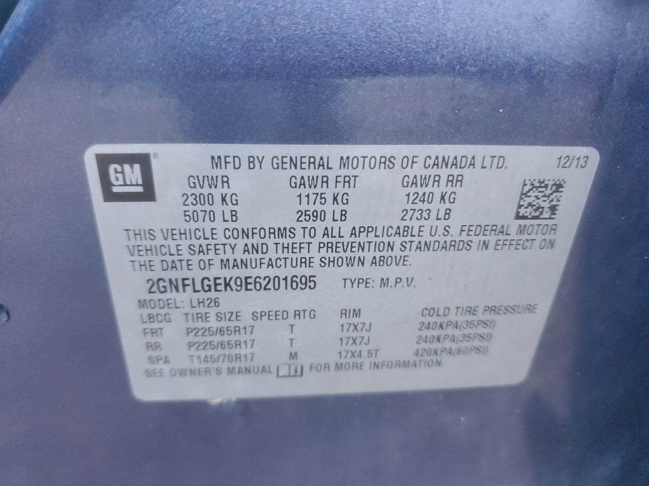 2014 Chevrolet Equinox Lt VIN: 2GNFLGEK9E6201695 Lot: 93485265