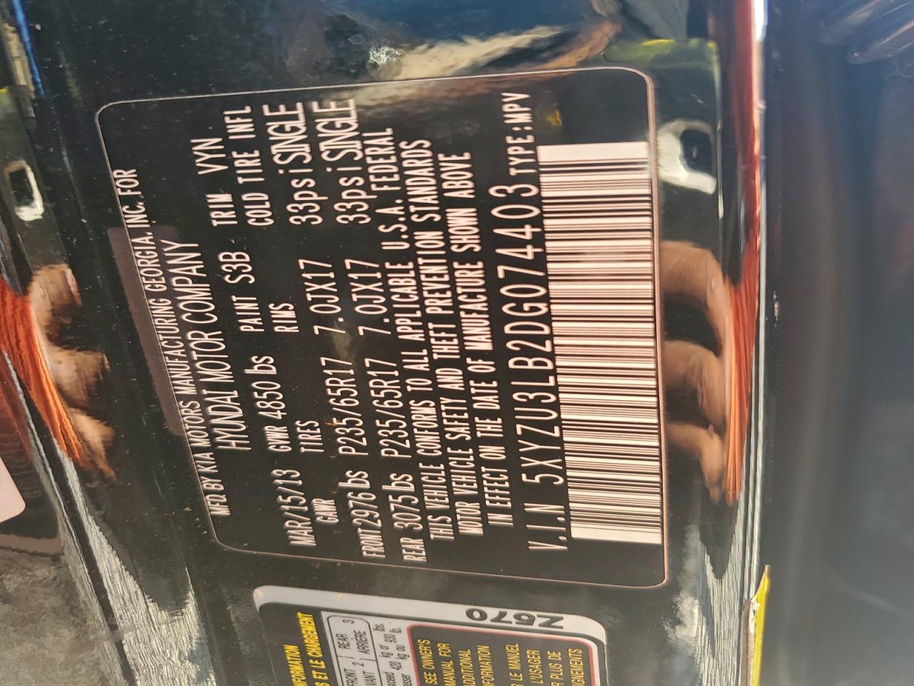 2013 Hyundai Santa Fe Sport VIN: 5XYZU3LB2DG074403 Lot: 93625575