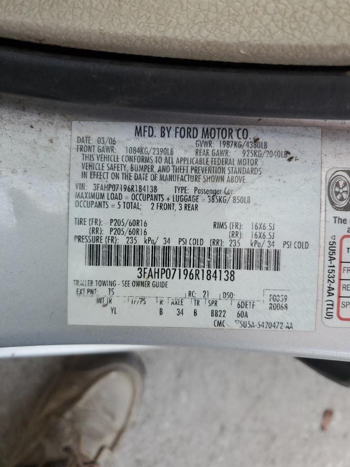2006 Ford Fusion Se VIN: 3FAHP07196R184138 Lot: 91409425
