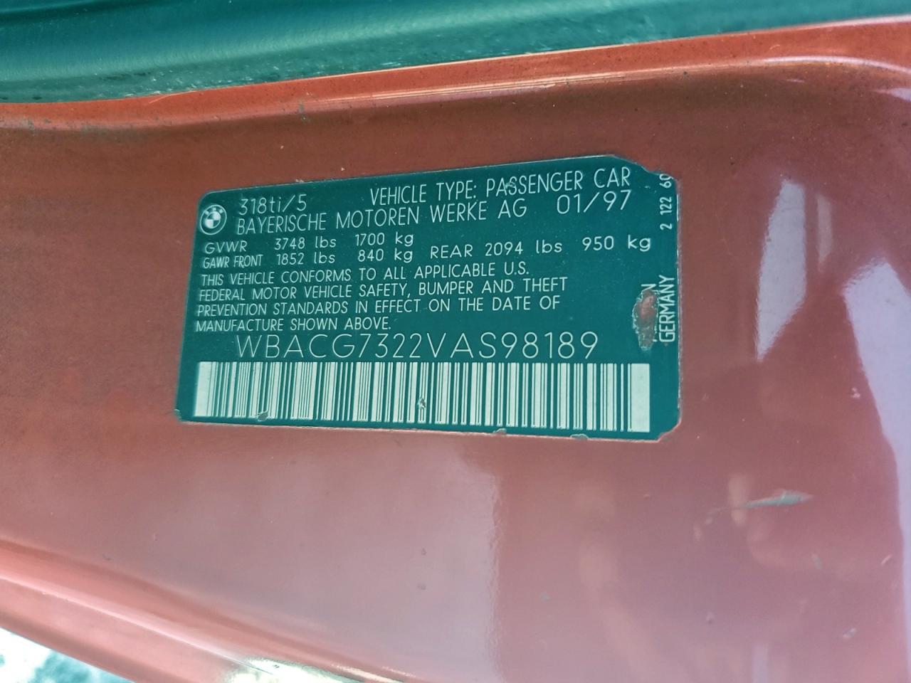 1997 BMW 318 Ti VIN: WBACG7322VAS98189 Lot: 91871905