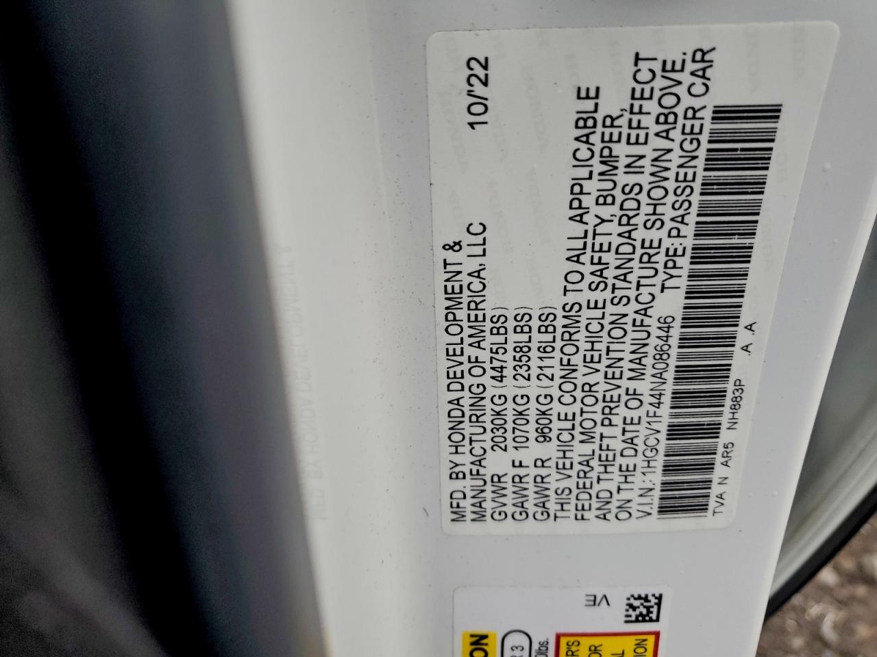 2022 Honda Accord Sport Se VIN: 1HGCV1F44NA086446 Lot: 94056205