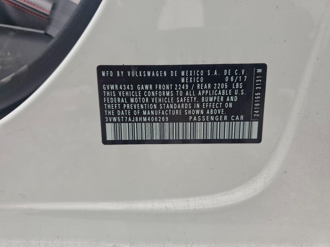 2017 Volkswagen Jetta Gli VIN: 3VW5T7AJ8HM406269 Lot: 93887795