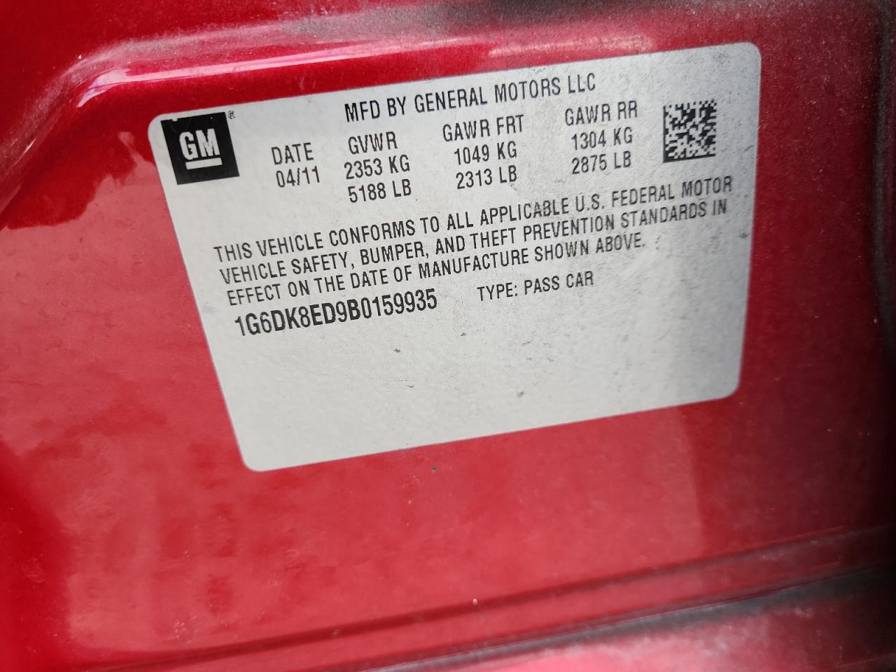 2011 Cadillac Cts Performance Collection VIN: 1G6DK8ED9B0159935 Lot: 93438135