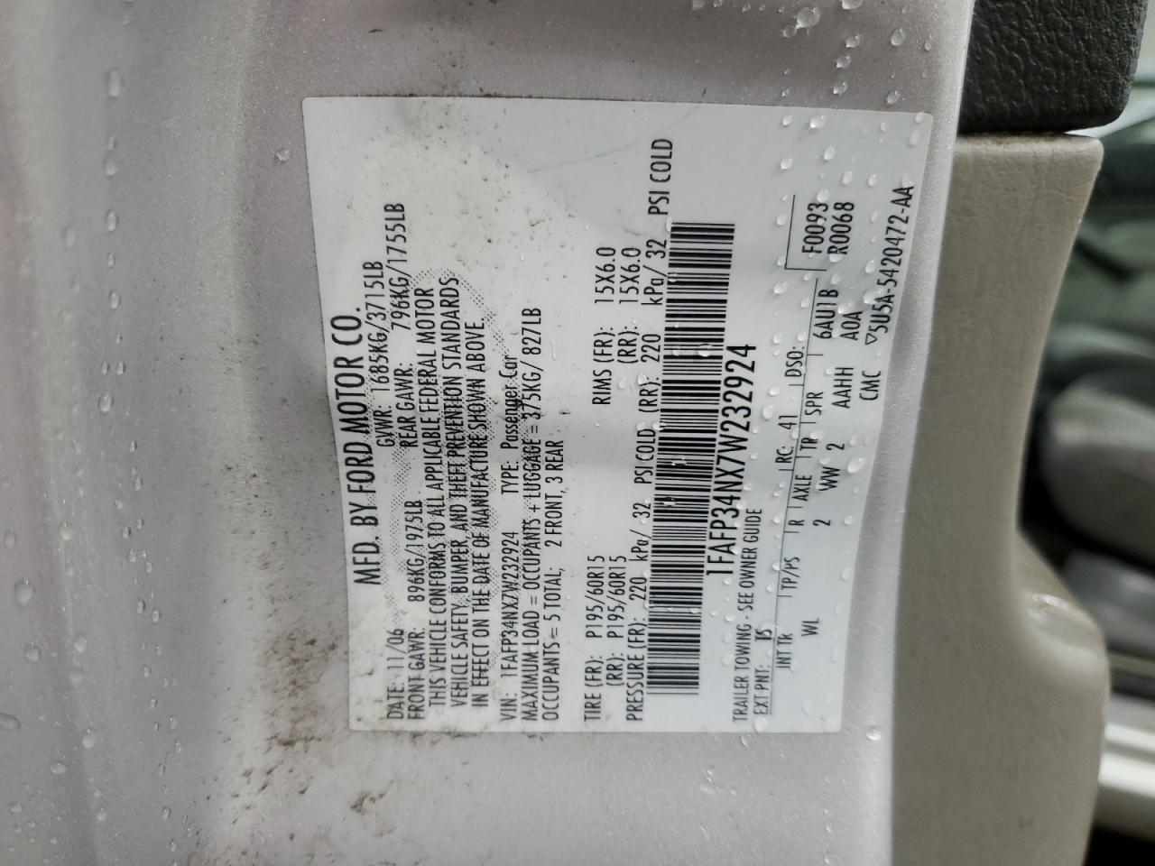 2007 Ford Focus Zx4 VIN: 1FAFP34NX7W232924 Lot: 93389325