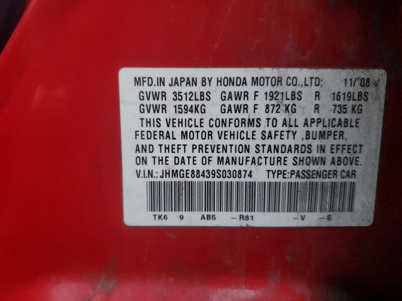 2009 Honda Fit Sport VIN: JHMGE88439S030874 Lot: 92670915