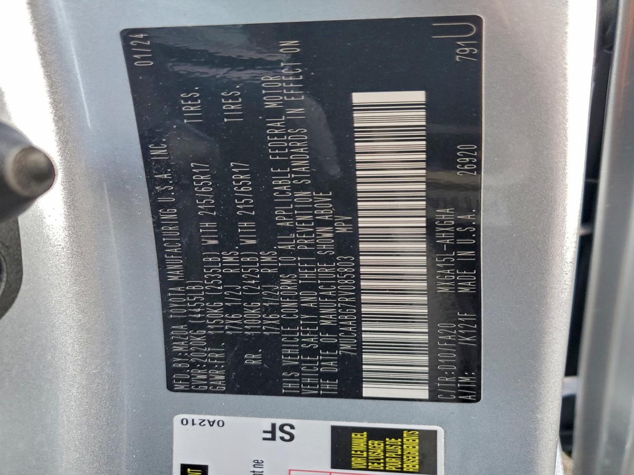 2024 Toyota Corolla Cross Le VIN: 7MUCAABG7RV085803 Lot: 93931285