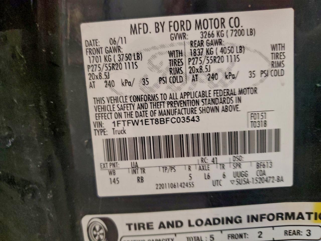 2011 Ford F150 Supercrew VIN: 1FTFW1ET8BFC03543 Lot: 93864425