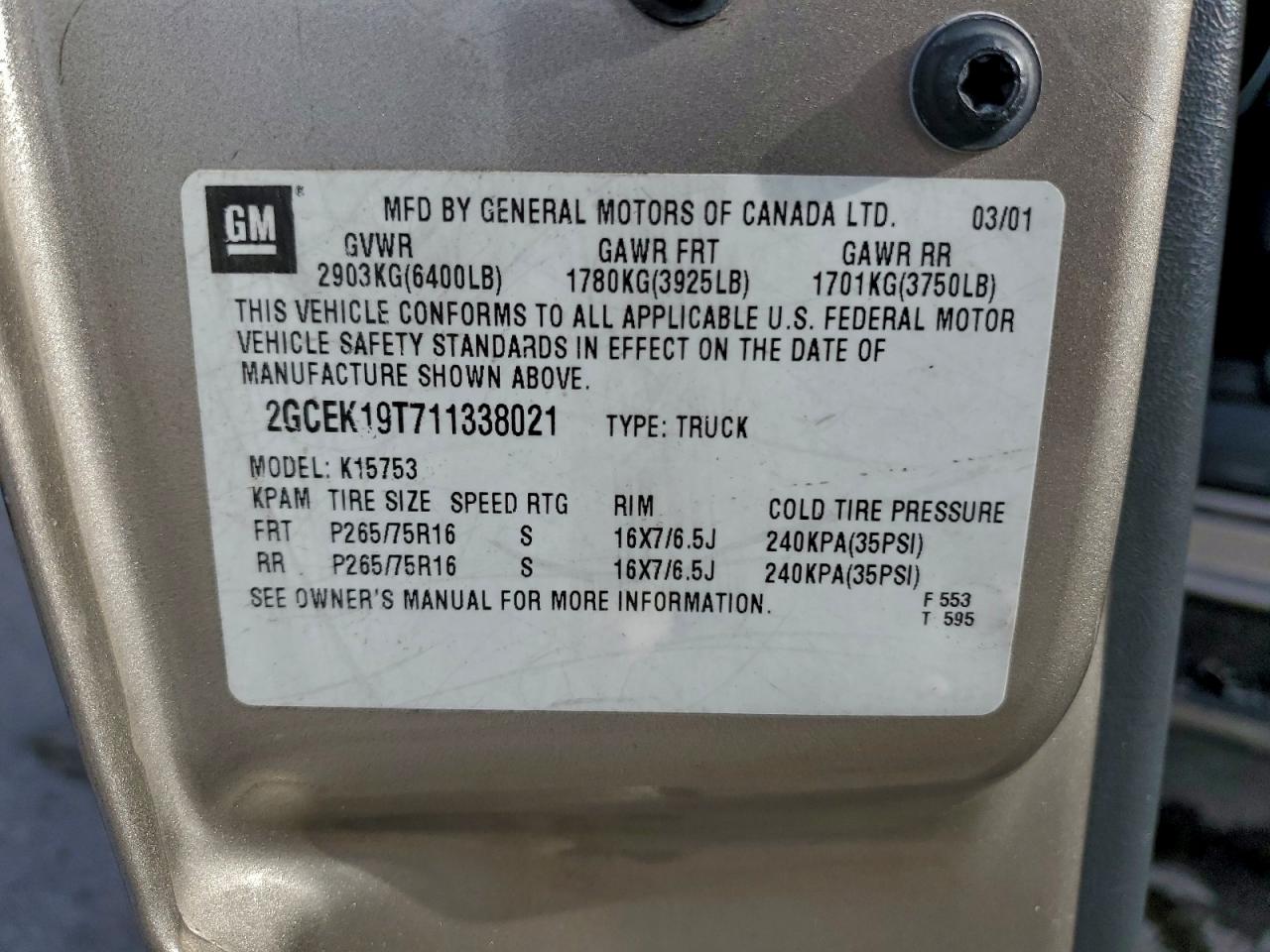 2001 Chevrolet Silverado K1500 VIN: 2GCEK19T711338021 Lot: 94089185