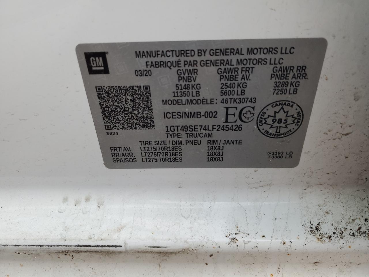 2020 GMC Sierra K3500 VIN: 1GT49SE74LF245426 Lot: 92712105