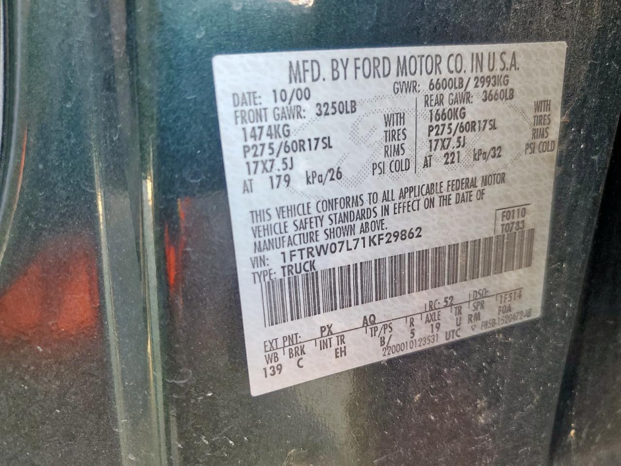 2001 Ford F150 Supercrew VIN: 1FTRW07L71KF29862 Lot: 92531325