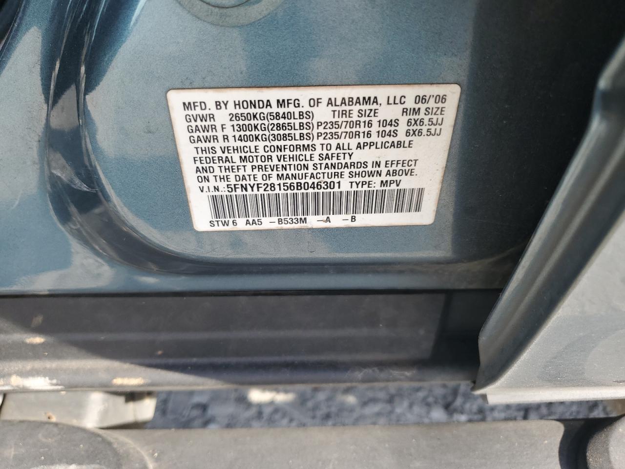 2006 Honda Pilot Lx VIN: 5FNYF28156B046301 Lot: 93498855