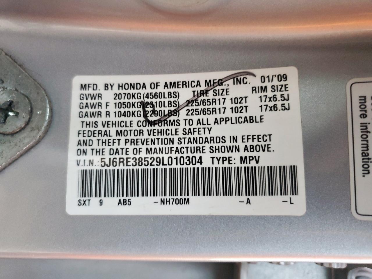 2009 Honda Cr-V Ex VIN: 5J6RE38529L010304 Lot: 91528535