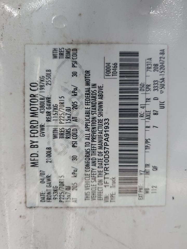 2007 Ford Ranger VIN: 1FTYR10D57PA91933 Lot: 92874955