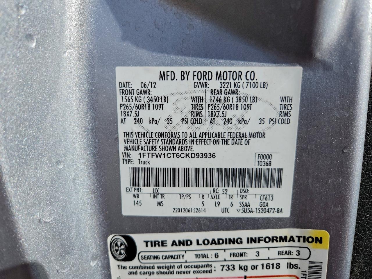 2012 Ford F150 Supercrew VIN: 1FTFW1CT6CKD93936 Lot: 93947895
