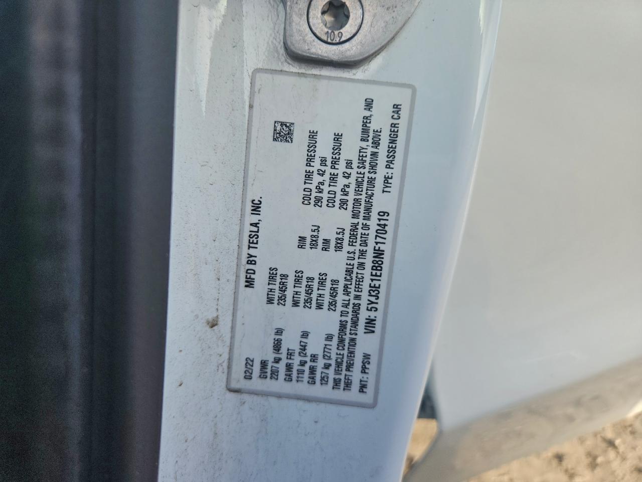 2022 Tesla Model 3 VIN: 5YJ3E1EB8NF170419 Lot: 90294965