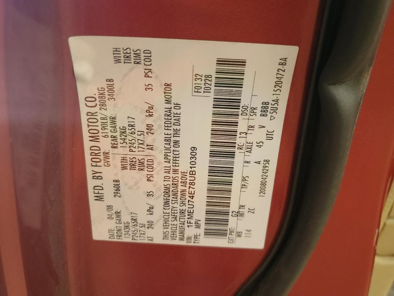 2008 Ford Explorer Eddie Bauer VIN: 1FMEU74E78UB10309 Lot: 93527905