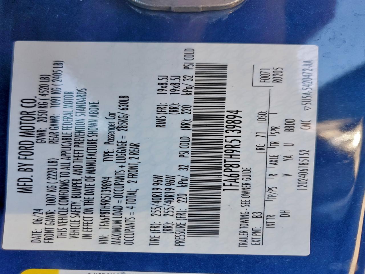 2024 Ford Mustang VIN: 1FA6P8TH9R5139894 Lot: 94115075