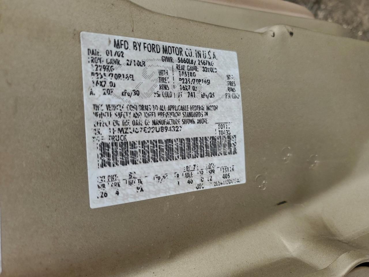 2002 Ford Explorer Sport Trac VIN: 1FMZU67E22UB94327 Lot: 93776675