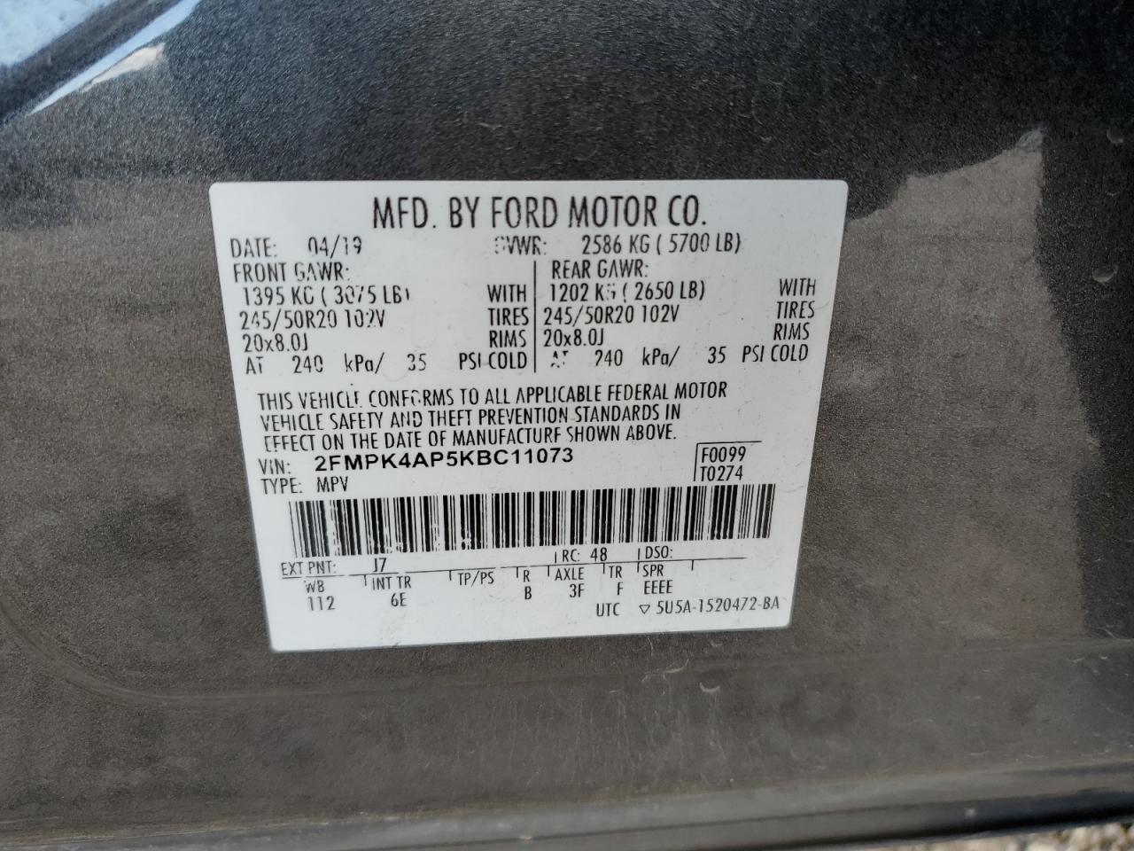 2019 Ford Edge St VIN: 2FMPK4AP5KBC11073 Lot: 91409335