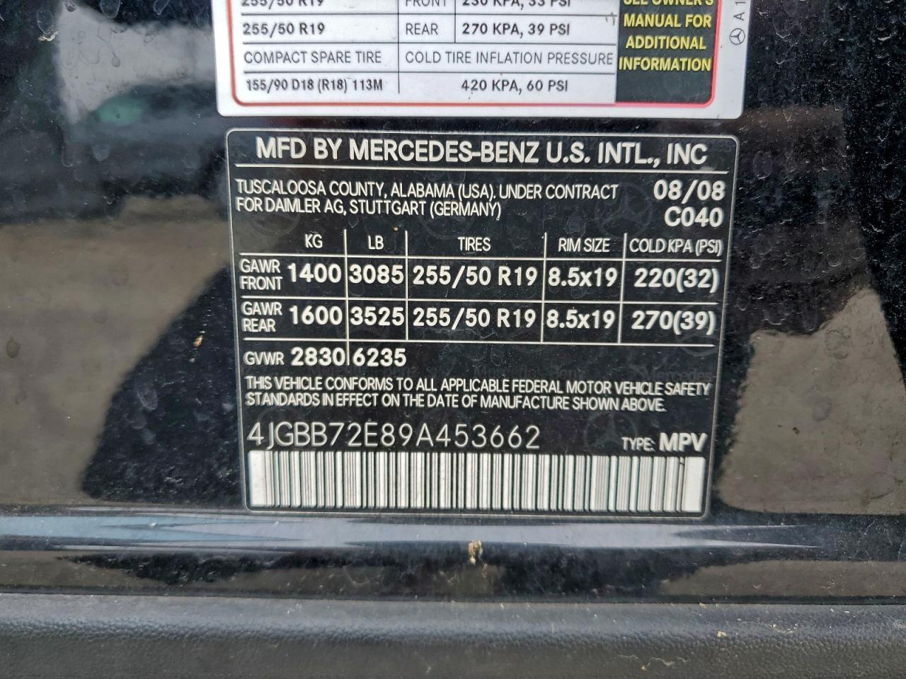 2009 Mercedes-Benz Ml 550 VIN: 4JGBB72E89A453662 Lot: 94102015