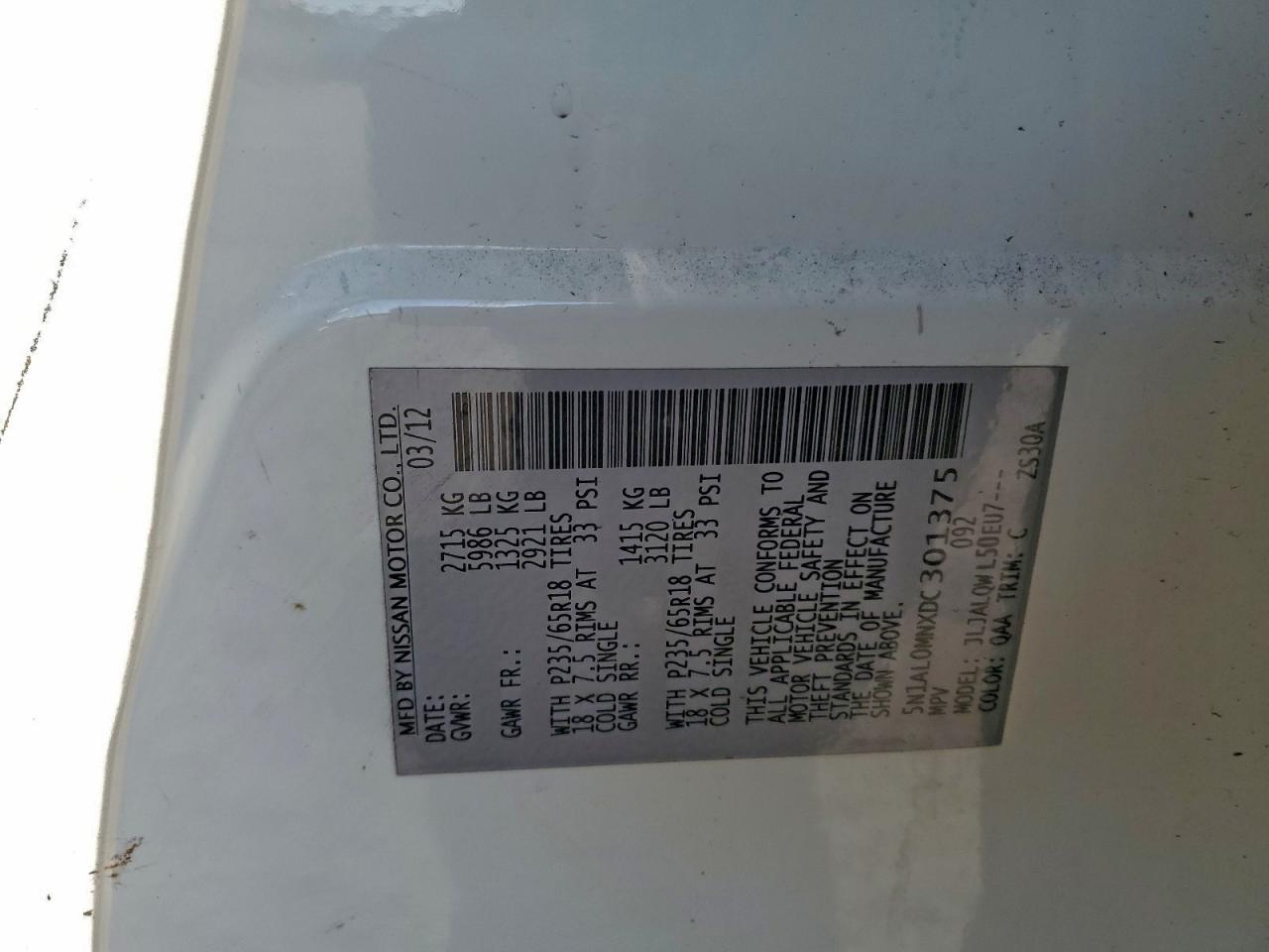 2013 Infiniti Jx35 VIN: 5N1AL0MNXDC301375 Lot: 94168195