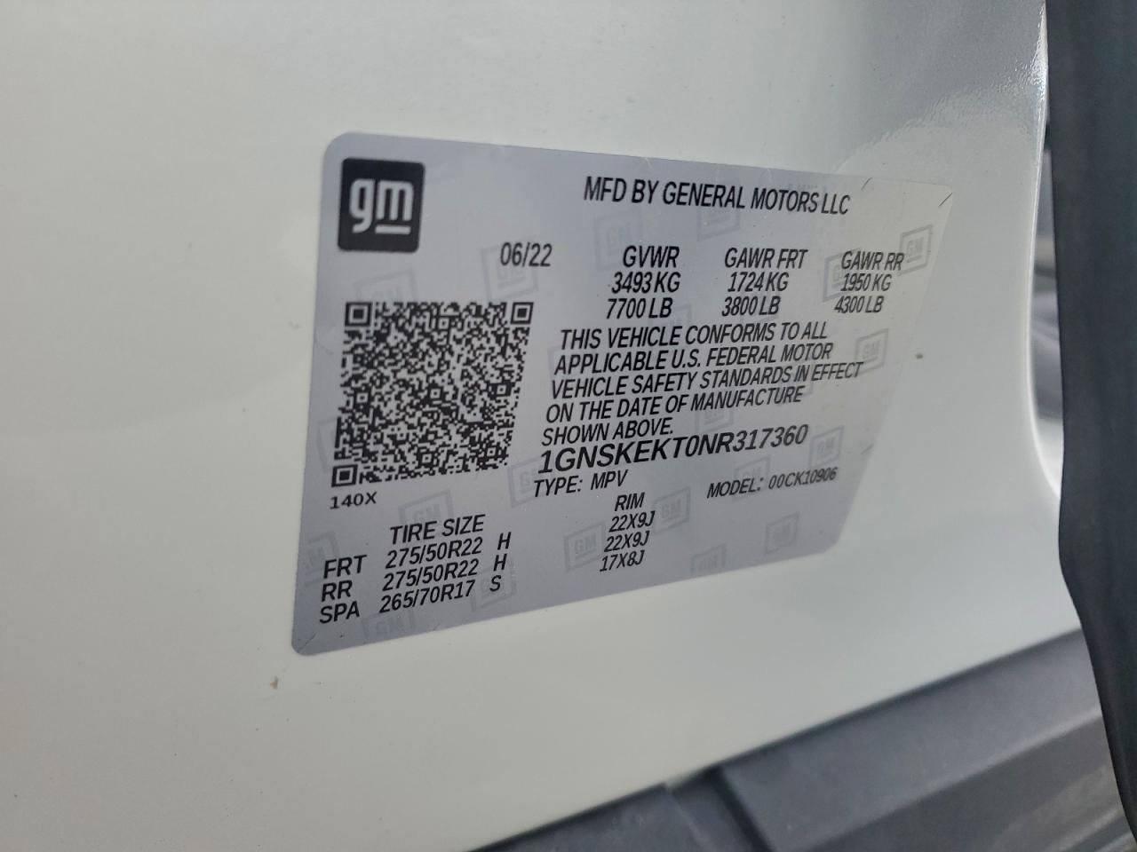 2022 Chevrolet Suburban K1500 Rst VIN: 1GNSKEKT0NR317360 Lot: 93539325