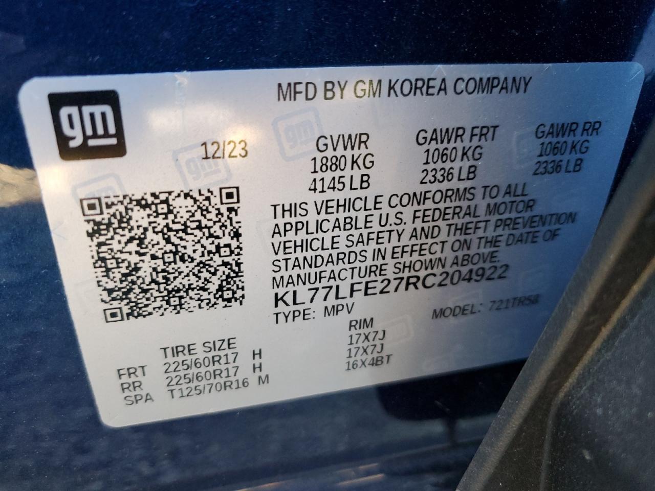 2024 Chevrolet Trax Ls VIN: KL77LFE27RC204922 Lot: 92496375