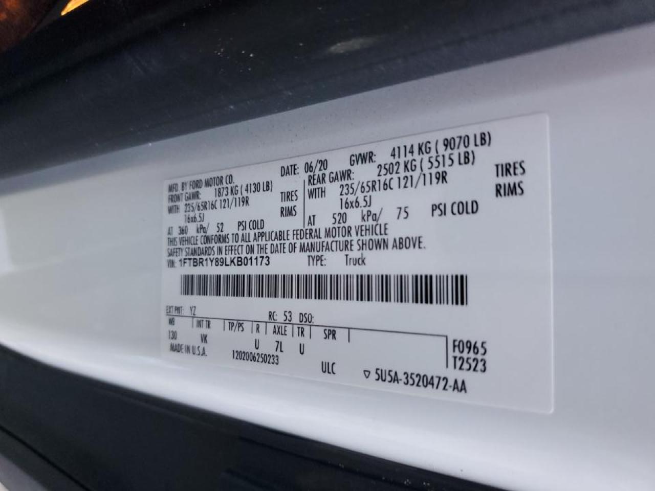 2020 Ford Transit T-250 Delivery Van VIN: 1FTBR1Y89LKB01173 Lot: 90217425