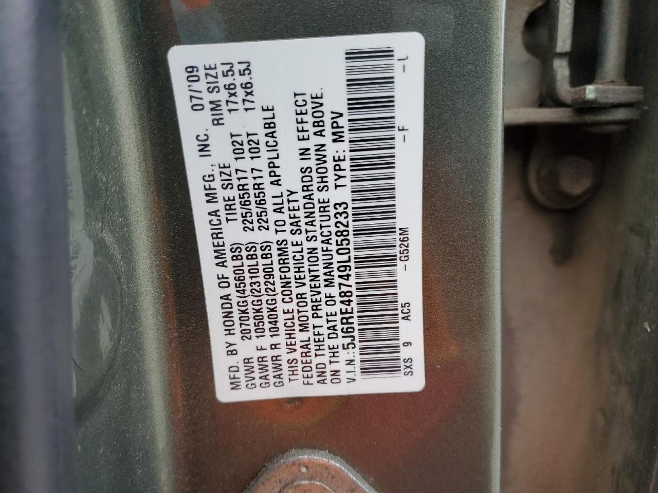 2009 Honda Cr-V Exl VIN: 5J6RE48749L058233 Lot: 82656195