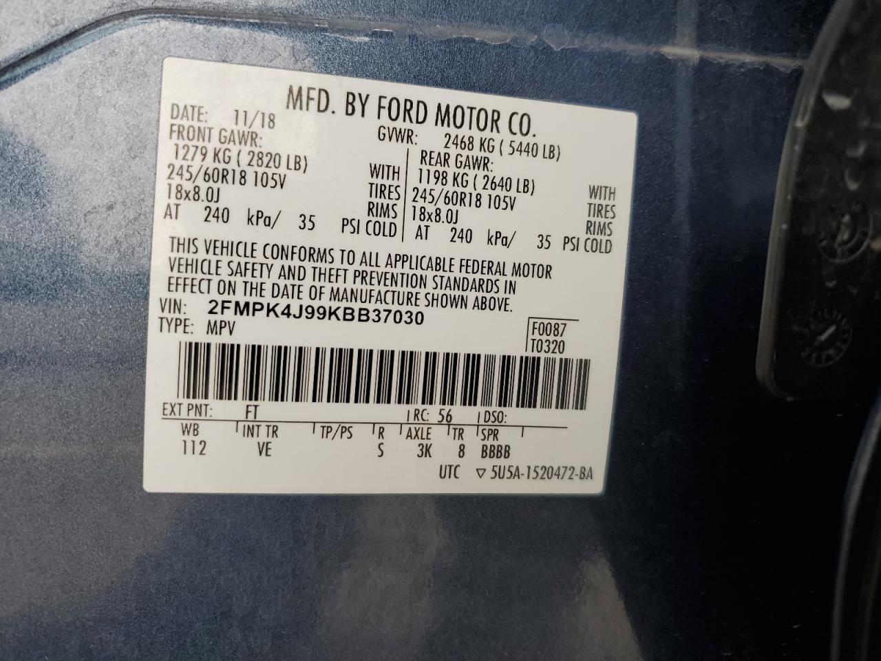 2019 Ford Edge Sel VIN: 2FMPK4J99KBB37030 Lot: 93455625