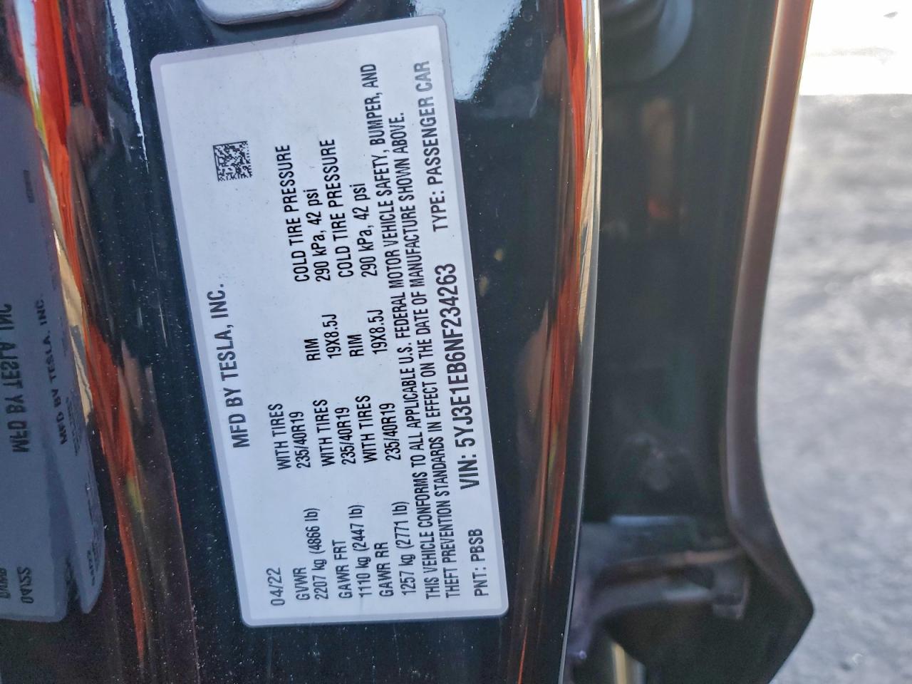 2022 Tesla Model 3 VIN: 5YJ3E1EB6NF234263 Lot: 92328865