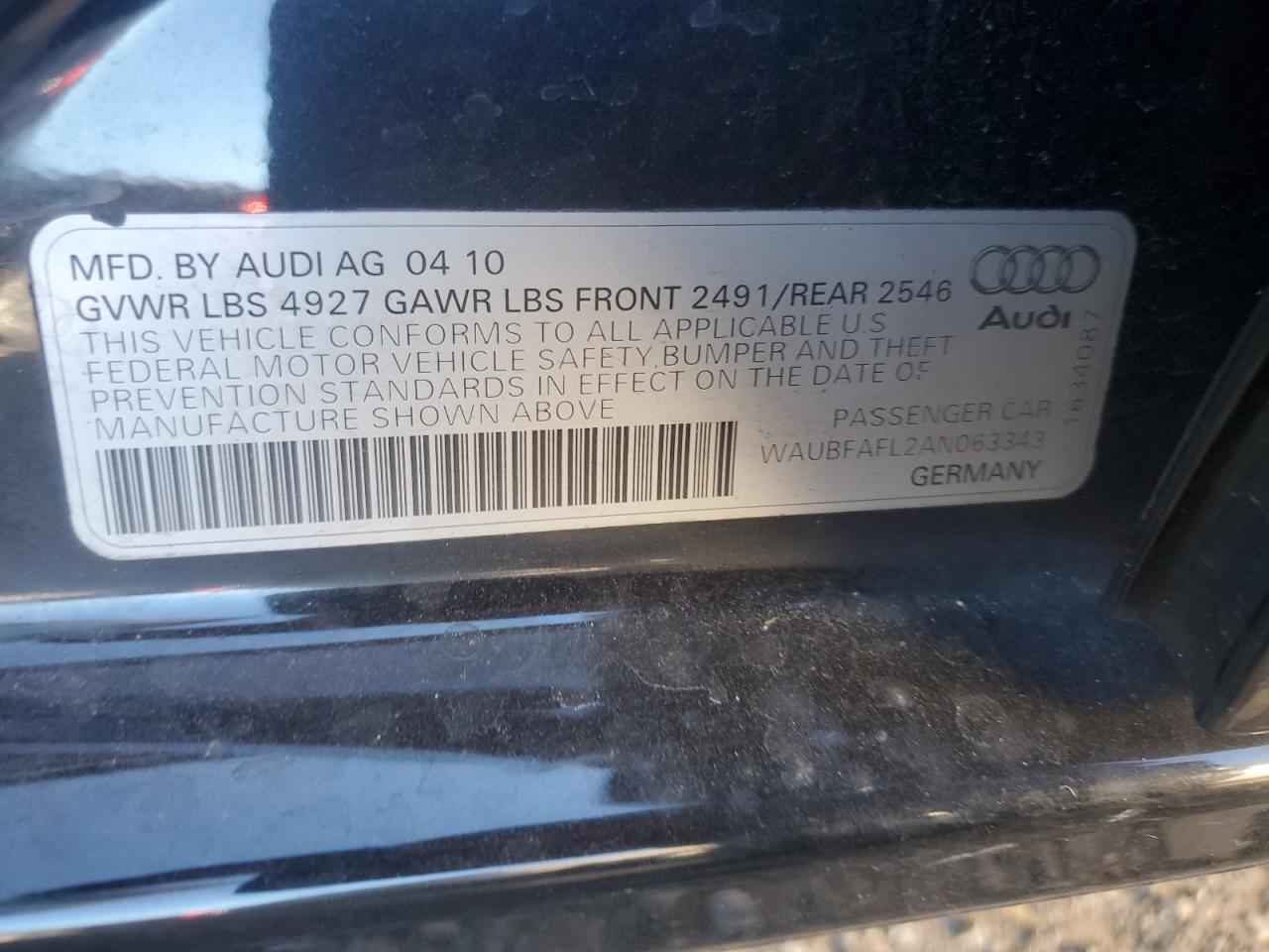 2010 Audi A4 Premium VIN: WAUBFAFL2AN063343 Lot: 90994135