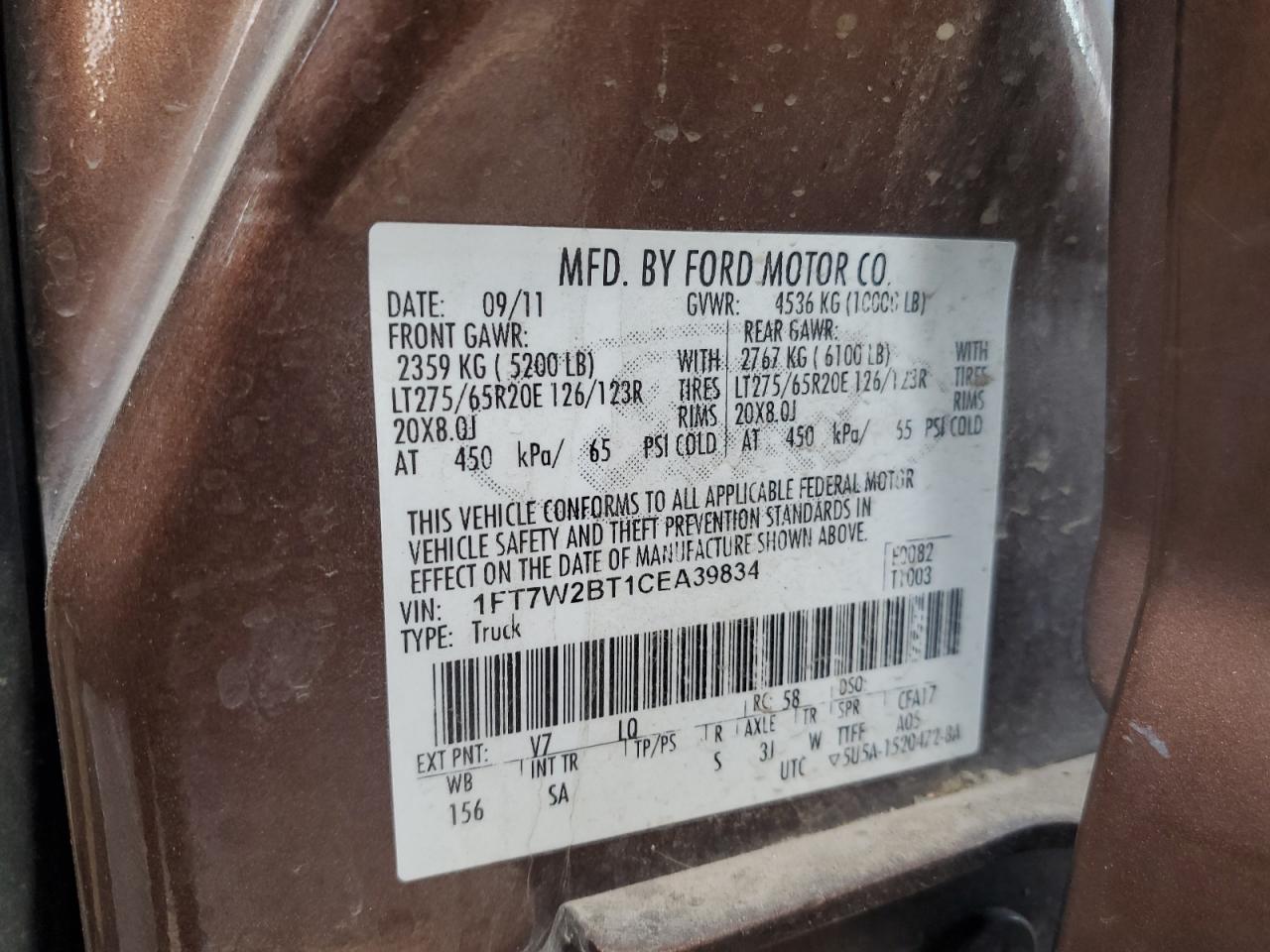 2012 Ford F250 Super Duty VIN: 1FT7W2BT1CEA39834 Lot: 90952005