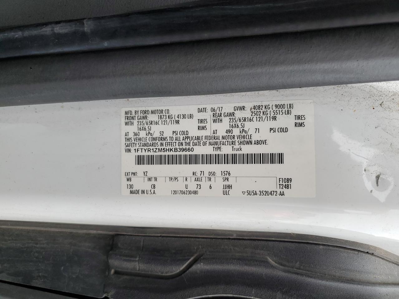 2017 Ford Transit T-250 VIN: 1FTYR1ZM5HKB39660 Lot: 93640835