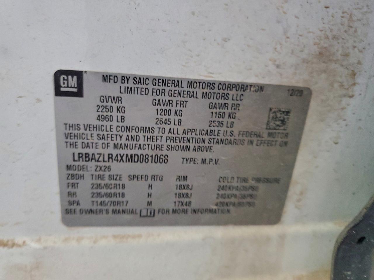 2021 Buick Envision Preferred VIN: LRBAZLR4XMD081068 Lot: 94079995