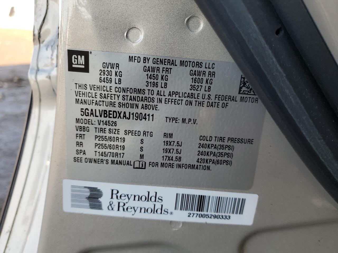 2010 Buick Enclave Cxl VIN: 5GALVBEDXAJ190411 Lot: 92936075