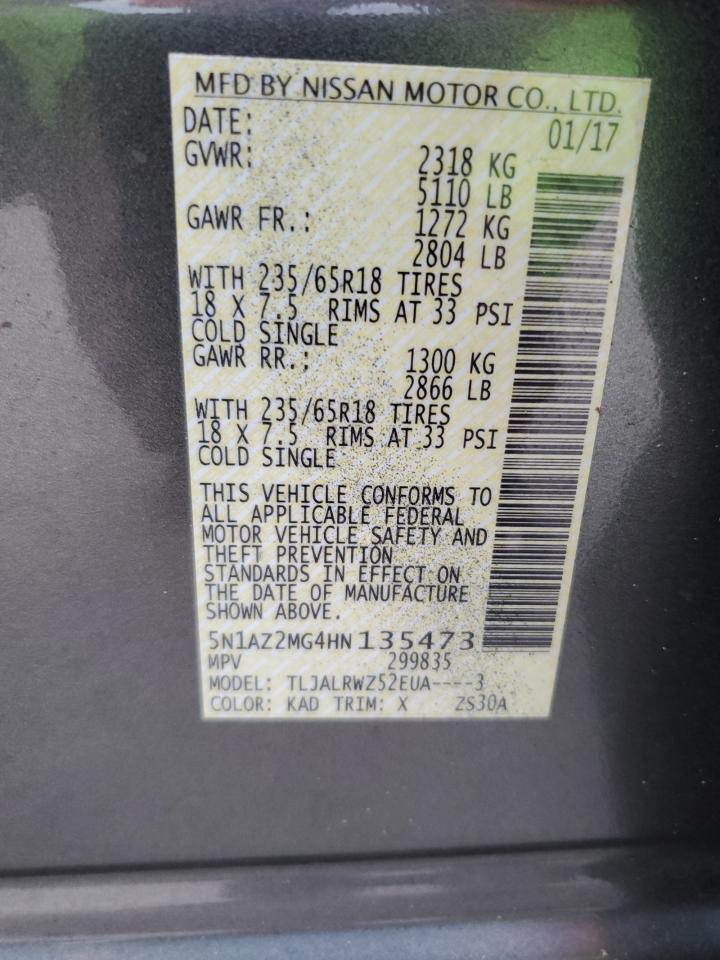 2017 Nissan Murano S VIN: 5N1AZ2MG4HN135473 Lot: 93566505