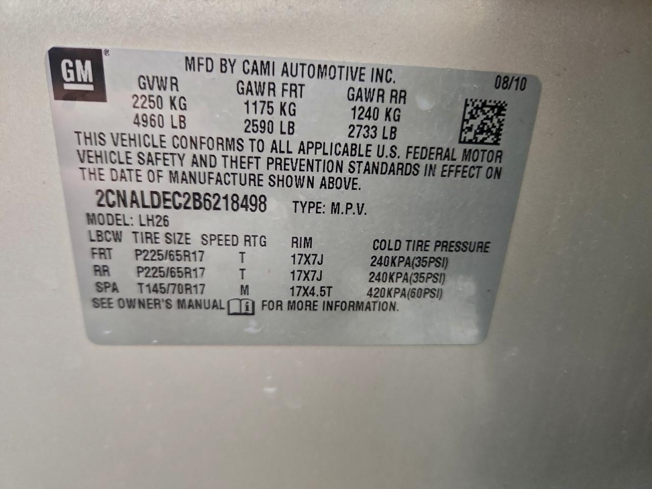 2011 Chevrolet Equinox Lt VIN: 2CNALDEC2B6218498 Lot: 94368735